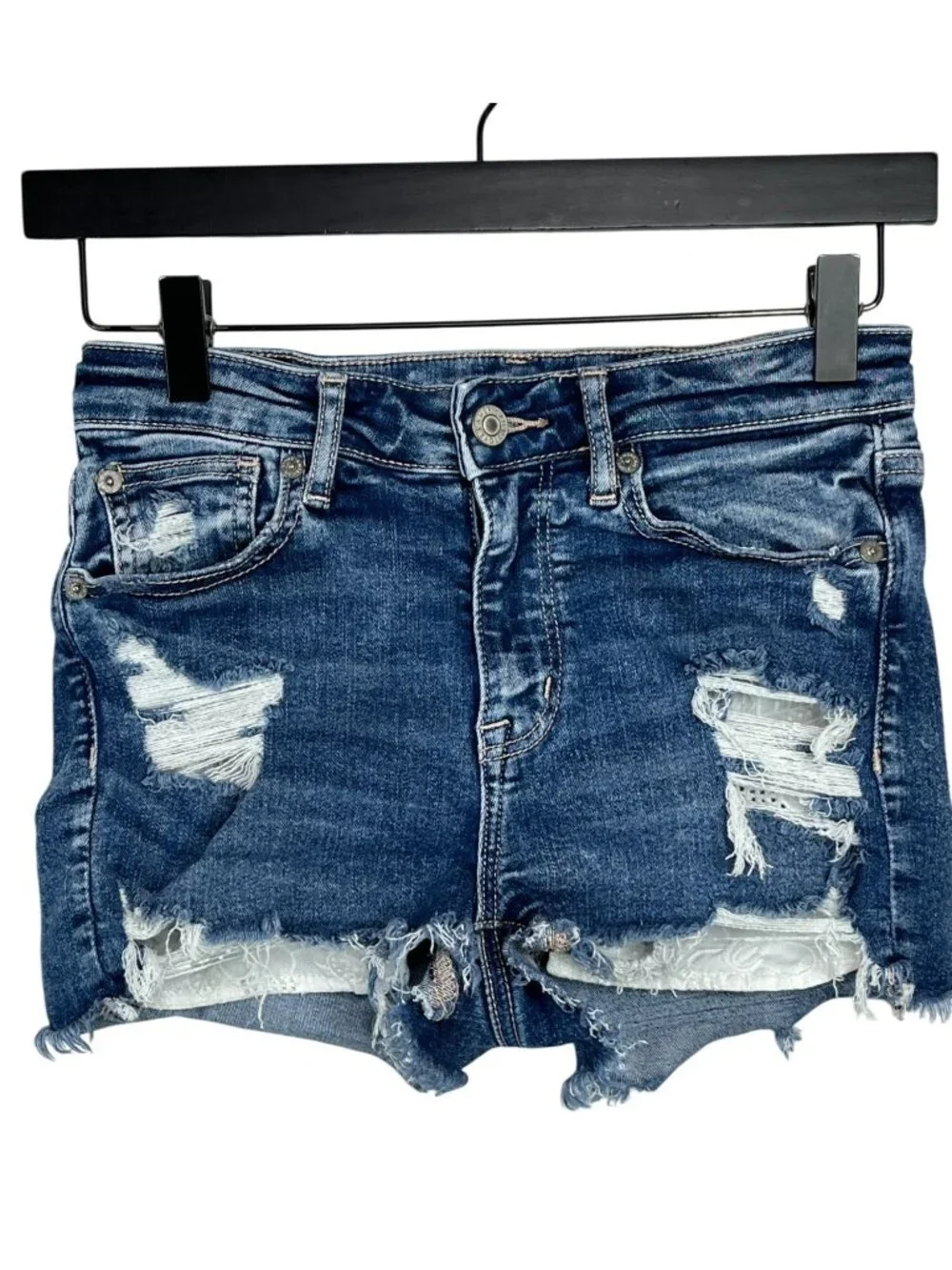 American Eagle Hi Rise Distressed Denim Shorts Size 2 Raw Hem Festival